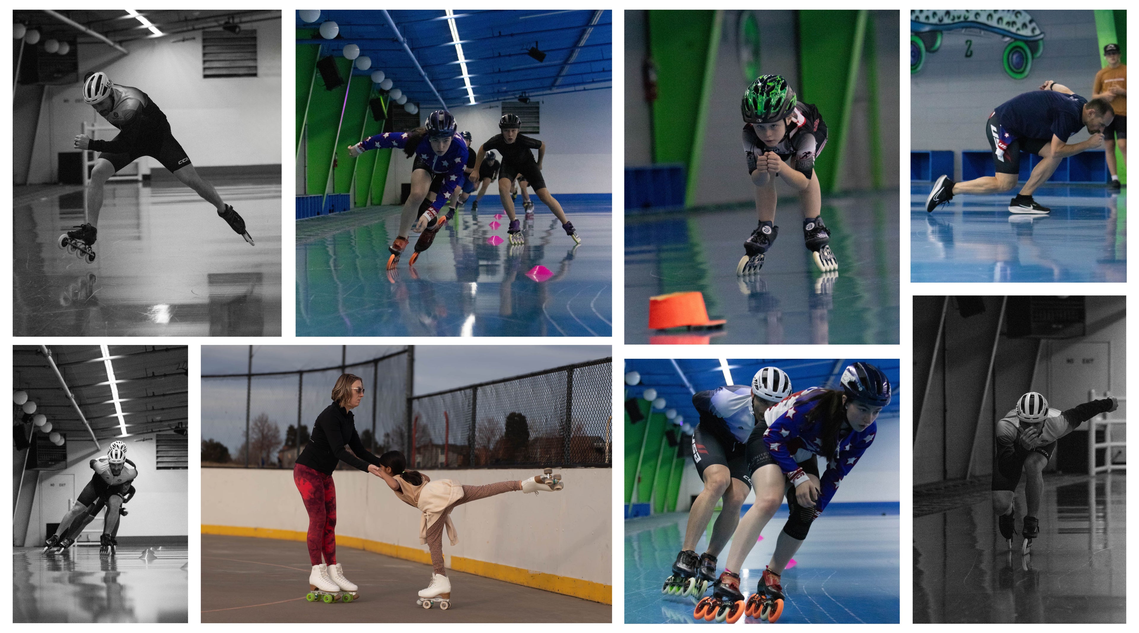 Inline speed skaters training indoors with drills and coaching during a roller skating practice session in Denver, Colorado